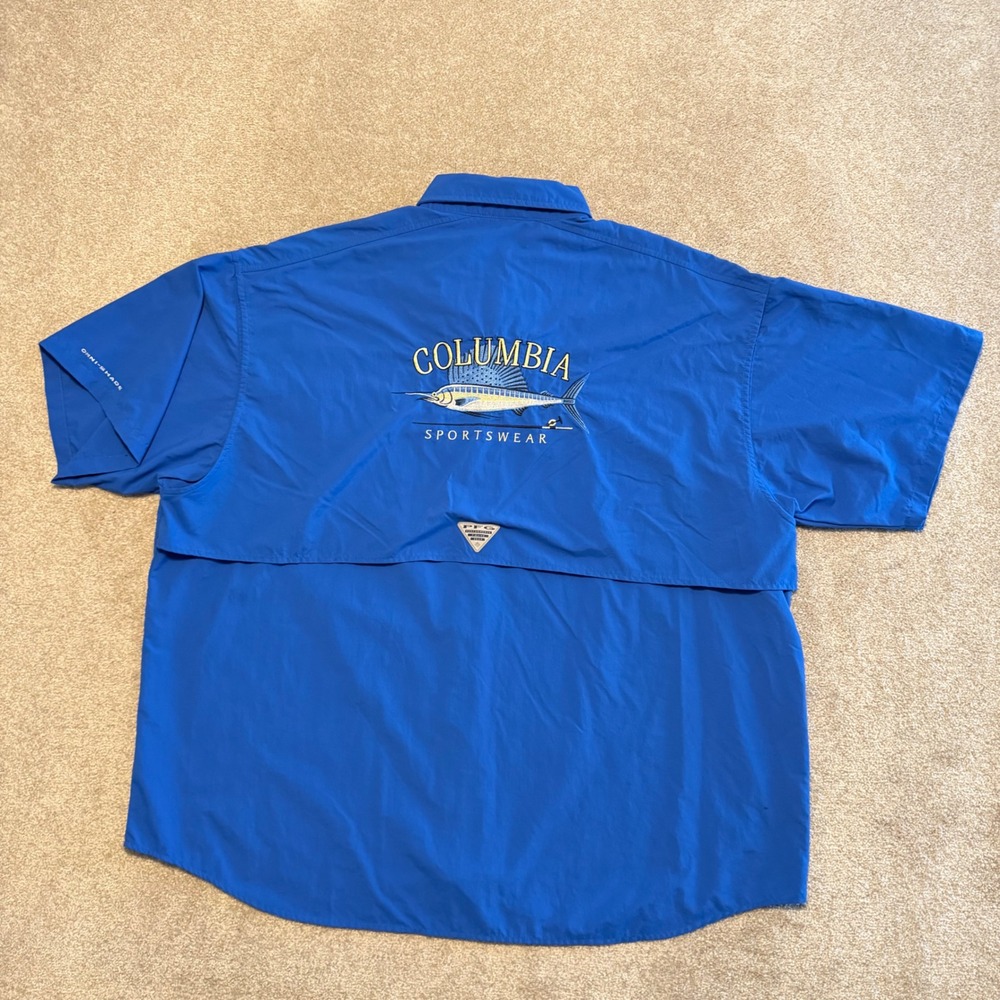 Columbia Fishing Shirt XXL Blue PFG Bahama Marlin Graphic Short Sleeve Vented